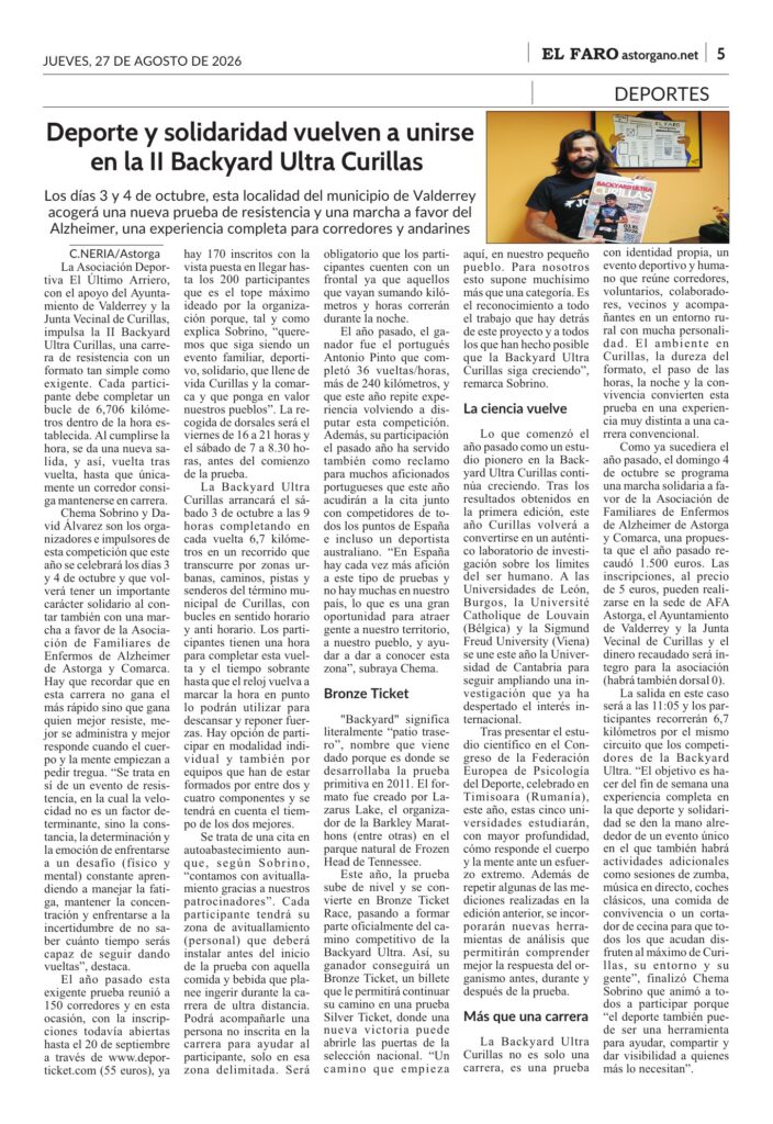 Página de Deportes de El Faro Astorgano dedicada a la II Backyard Ultra Curillas