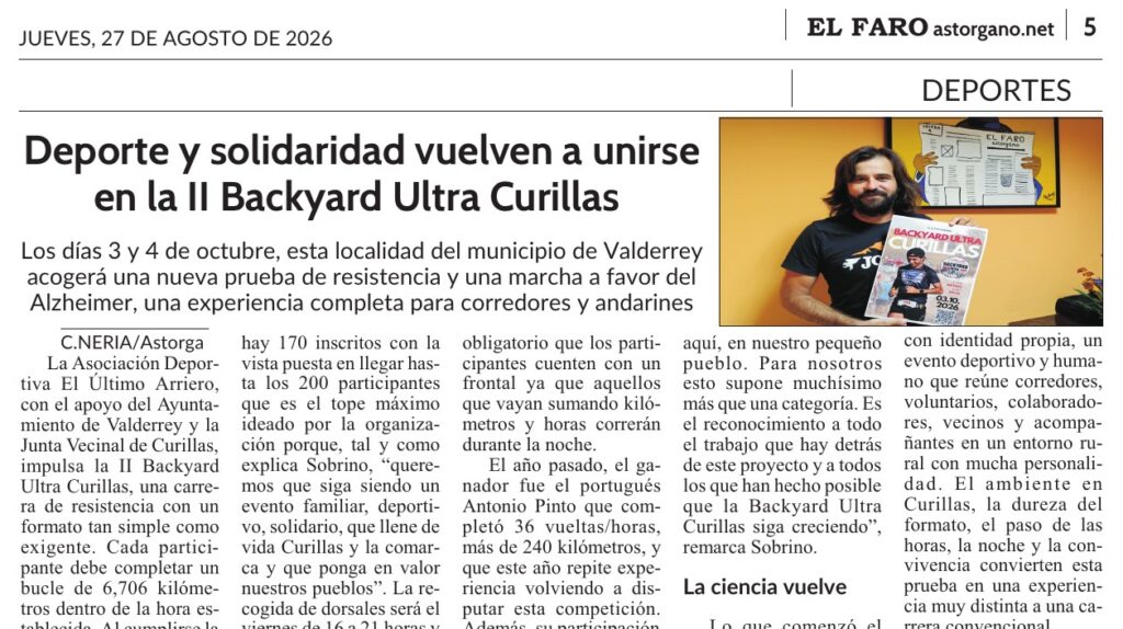 Titular del reportaje de El Faro Astorgano sobre la II Backyard Ultra Curillas