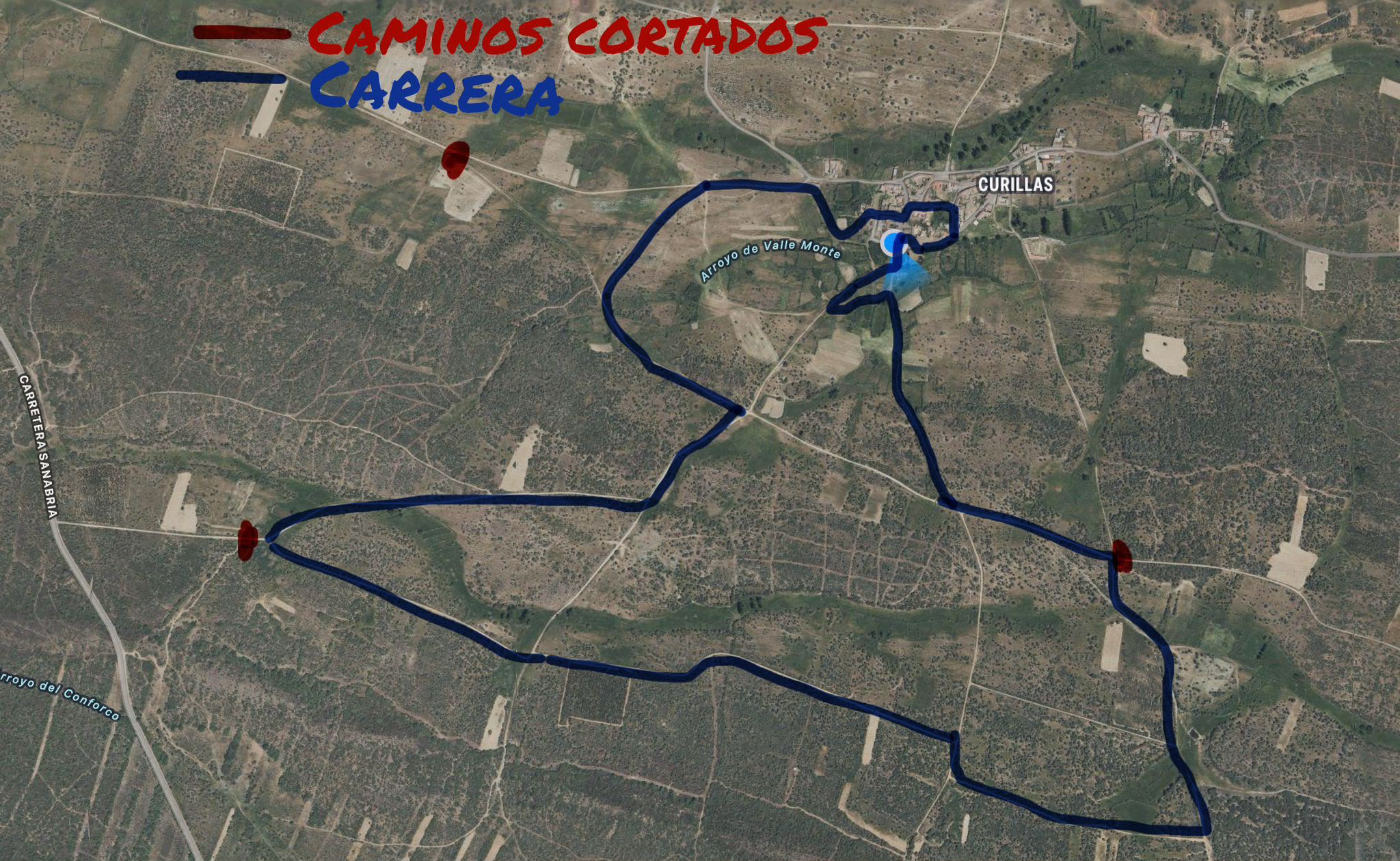 Plano del recorrido y los caminos cerrados por la Backyard Ultra Curillas 2026