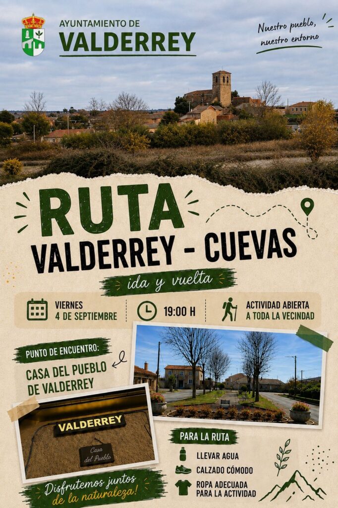 Ruta Valderrey–Cuevas, viernes 4 de septiembre a las 19:00, desde la Casa del Pueblo de Valderrey
